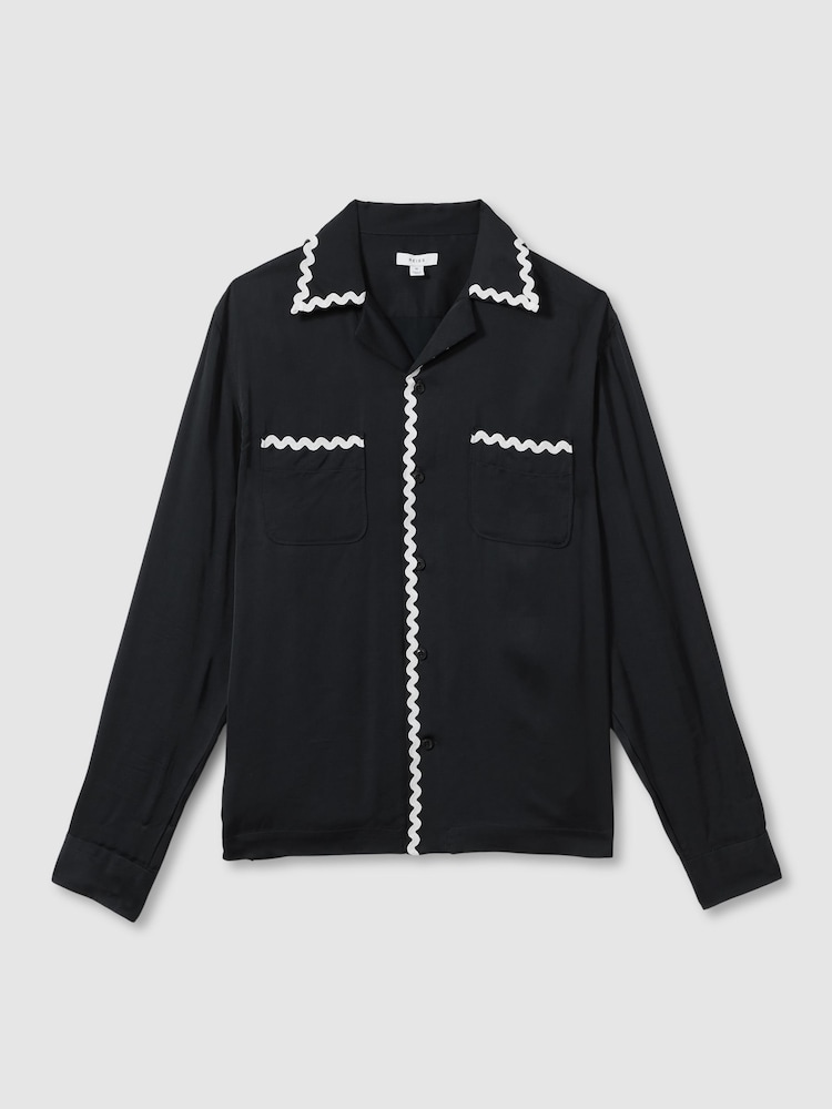 Reiss Navy Fable Viscose Satin Contrast Trim Cuban Collar Shirt - Image 2 of 6