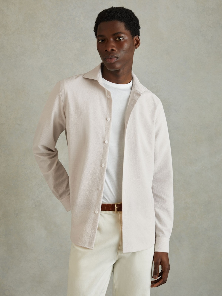 Reiss Stone Spring Textured Cutaway Collar Shirt - Image 1 of 6