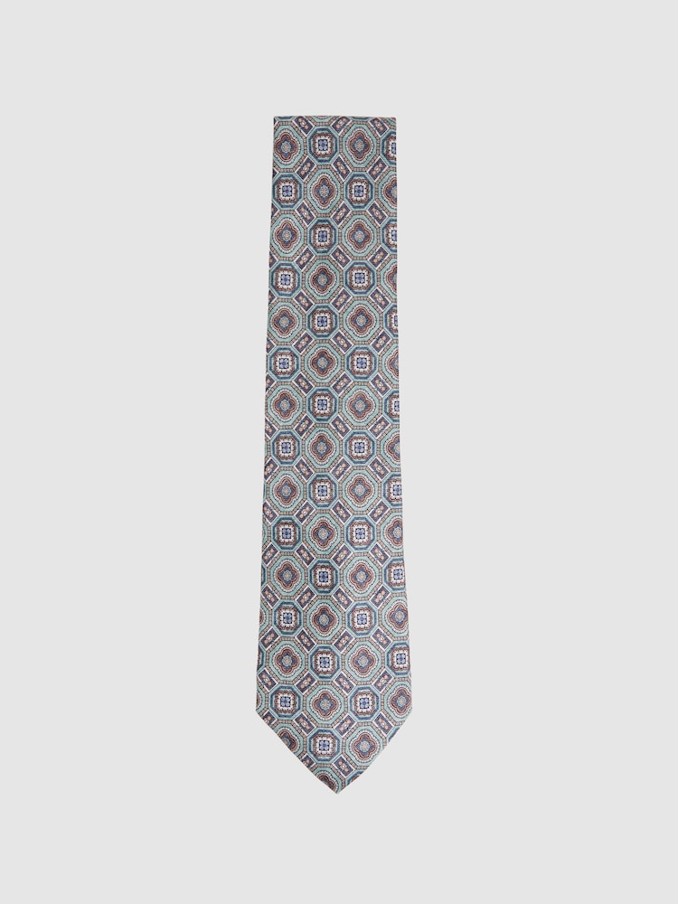 Reiss Sea Green Assisi Silk Medallion Print Tie - Image 1 of 5