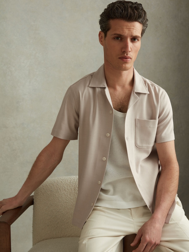 Reiss Stone Nitus Herringbone Cuban Collar Shirt - Image 1 of 5