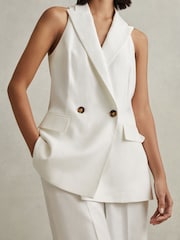 Reiss White Lori Halter Viscose Linen Double Breasted Suit Waistcoat - Image 3 of 6