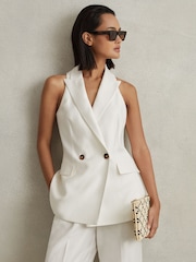Reiss White Lori Halter Viscose Linen Double Breasted Suit Waistcoat - Image 5 of 6