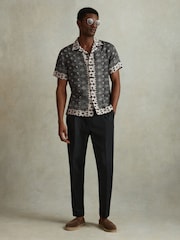 Reiss Black Multi Pantain Linen Printed Cuban Collar Shirt - Image 1 of 5