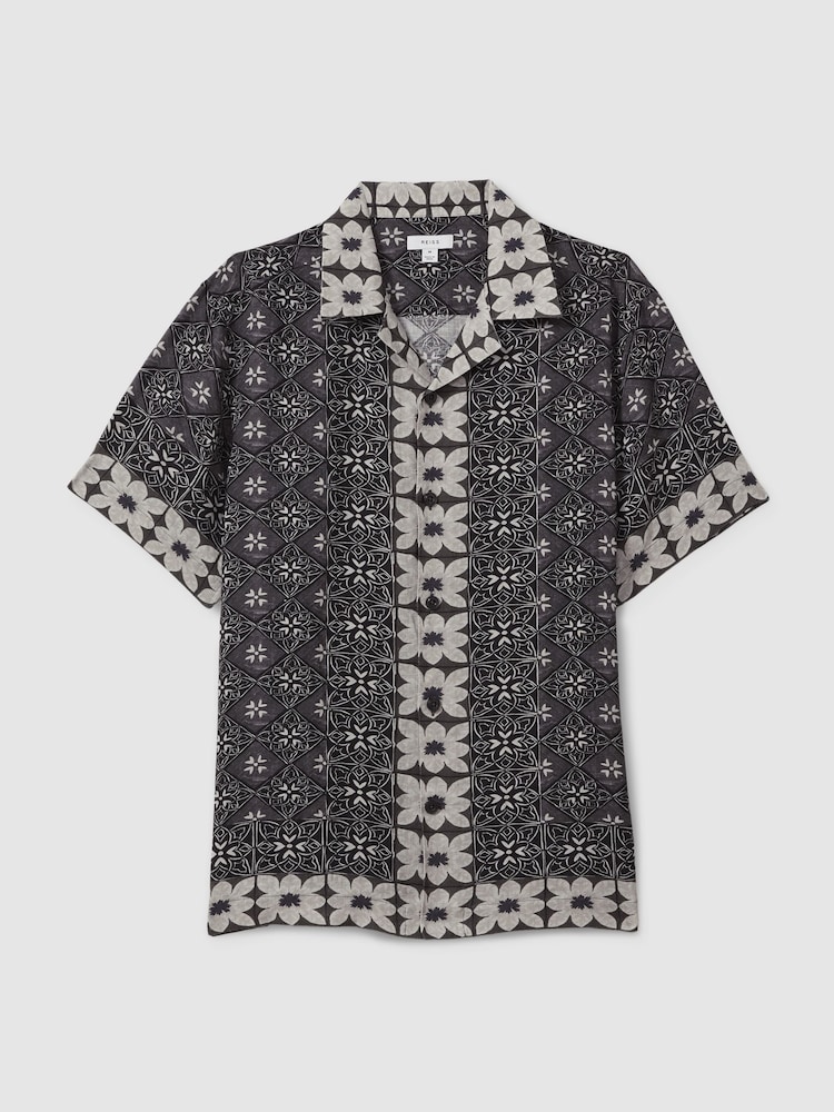 Reiss Black Multi Pantain Linen Printed Cuban Collar Shirt - Image 2 of 5