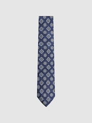 Reiss Indigo Melange Vasari Silk Medallion Print Tie - Image 1 of 5