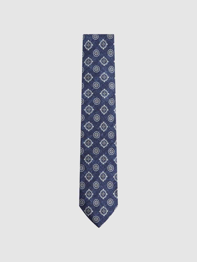 Reiss Indigo Melange Vasari Silk Medallion Print Tie - Image 1 of 5