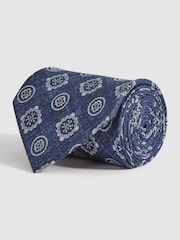 Reiss Indigo Melange Vasari Silk Medallion Print Tie - Image 3 of 5