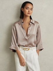 Reiss Champagne Winnie Silk Relaxed Sleeve Blouse - Image 1 of 6