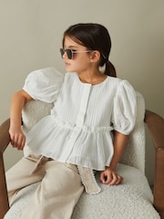 Reiss Ivory Matty 9-13 yrs Puff Sleeve Peplum Top - Image 1 of 4