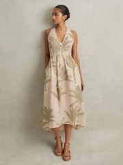 Reiss Neutral/Green Anna 100% Linen Tropical Print Midi Dress - Image 1 of 1