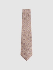 Reiss Oatmeal/Rose Vasari Silk Medallion Print Tie - Image 1 of 5