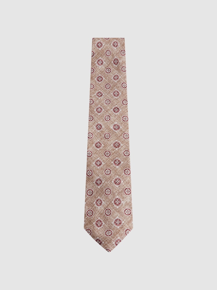 Reiss Oatmeal/Rose Vasari Silk Medallion Print Tie - Image 1 of 5