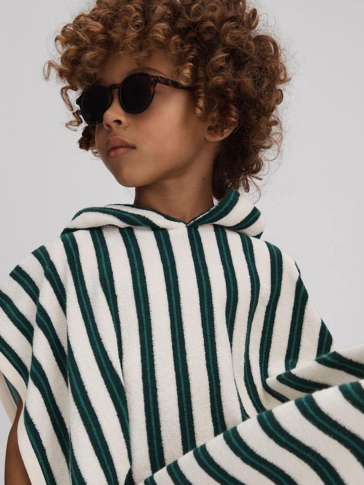 Reiss Green/White Ray 3-9 yrs Hooded Striped Poncho - Image 1 of 4