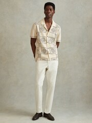 Reiss Ecru/Navy Cosmos Textured Embroidered Cuban Collar Shirt - Image 1 of 6