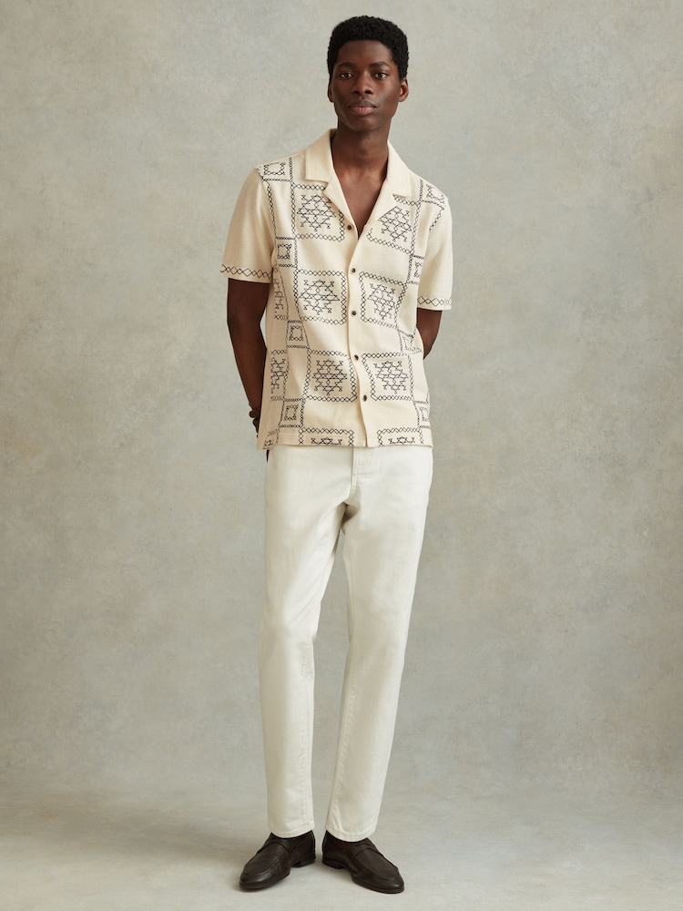 Reiss Ecru/Navy Cosmos Textured Embroidered Cuban Collar Shirt - Image 1 of 6