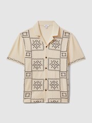 Reiss Ecru/Navy Cosmos Textured Embroidered Cuban Collar Shirt - Image 2 of 6