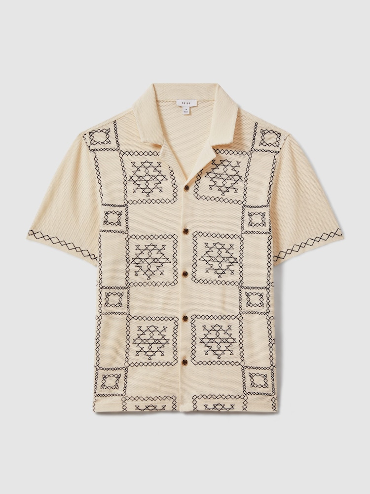 Reiss Ecru/Navy Cosmos Textured Embroidered Cuban Collar Shirt - Image 2 of 6