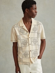 Reiss Ecru/Navy Cosmos Textured Embroidered Cuban Collar Shirt - Image 3 of 6