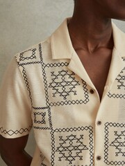 Reiss Ecru/Navy Cosmos Textured Embroidered Cuban Collar Shirt - Image 4 of 6