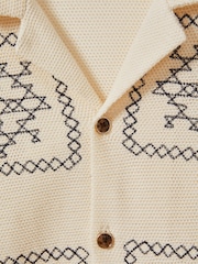 Reiss Ecru/Navy Cosmos Textured Embroidered Cuban Collar Shirt - Image 6 of 6