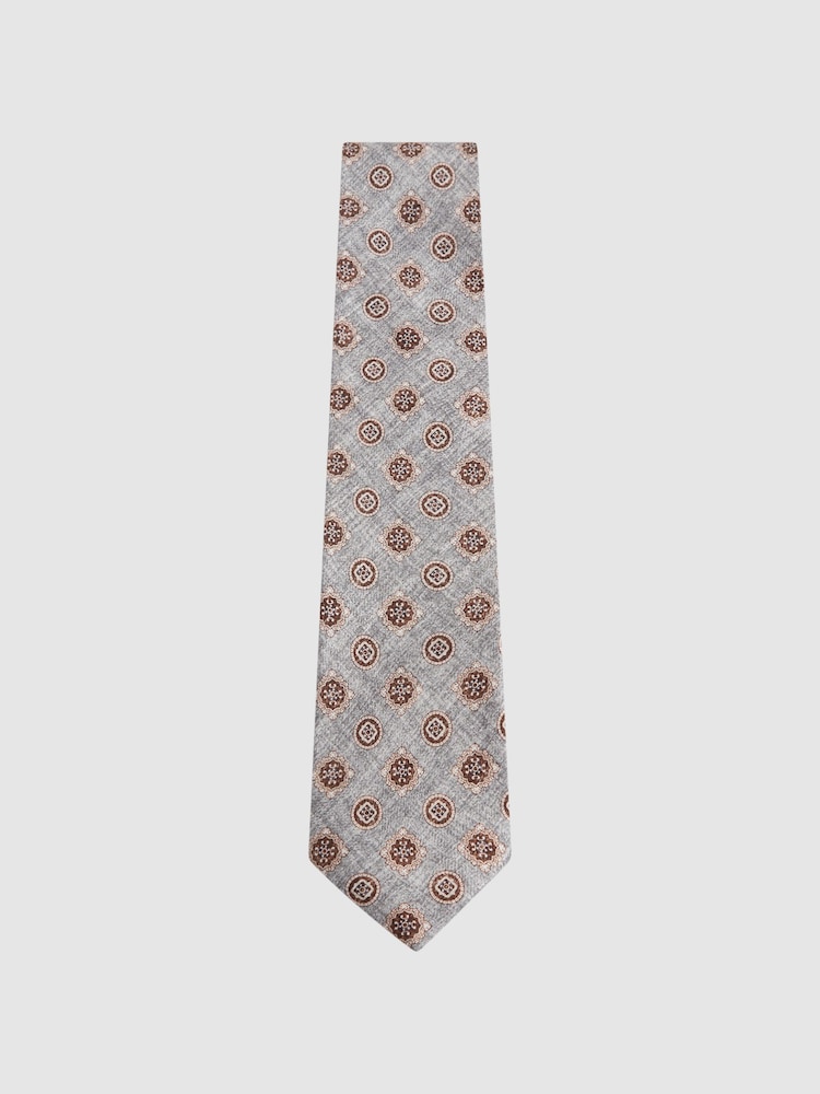 Reiss Grey Melange Vasari Silk Medallion Print Tie - Image 1 of 5