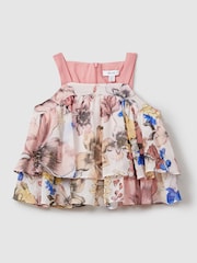 Reiss Pink Print Arina 13-14 yrs Tiered Floral Print Top Co-Ord - Image 1 of 5