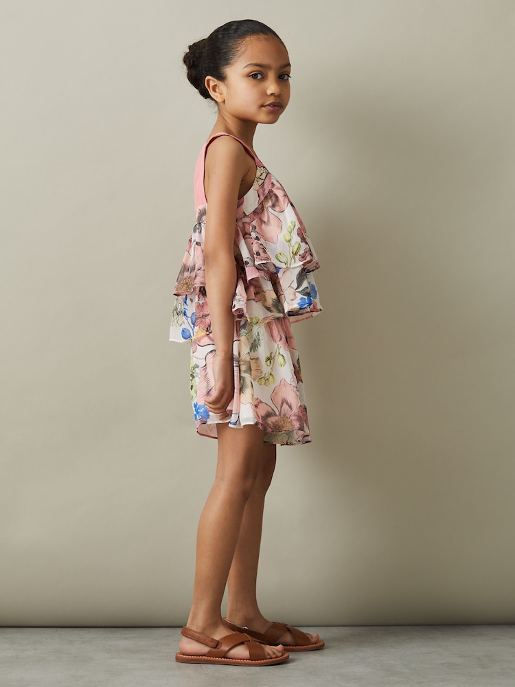 Reiss Pink Print Arina 13-14 yrs Tiered Floral Print Top Co-Ord - Image 2 of 5