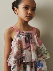 Reiss Pink Print Arina 13-14 yrs Tiered Floral Print Top Co-Ord - Image 3 of 5