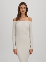 Good American Cloud White Good American Ribbed Off The Shoulder Maxi Dress - Image 1 of 4
