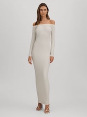 Good American Cloud White Good American Ribbed Off The Shoulder Maxi Dress - Image 3 of 4