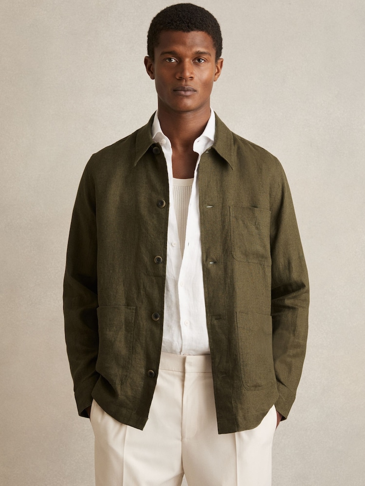 Reiss Khaki Porto Linen Worker Jacket - Image 1 of 7