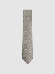 Reiss Sage Melange Vasari Silk Medallion Print Tie - Image 1 of 5