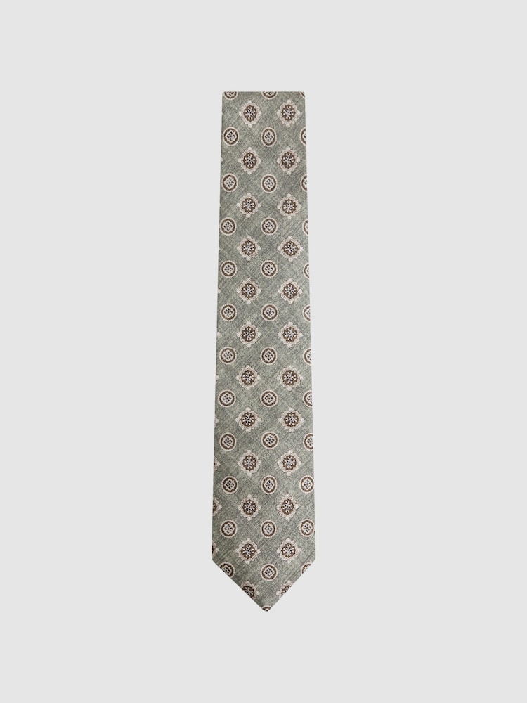 Reiss Sage Melange Vasari Silk Medallion Print Tie - Image 1 of 5