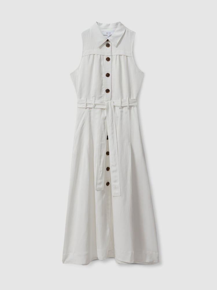 Reiss White Heidi Petite Viscose-Linen Belted Midi Dress - Image 2 of 7