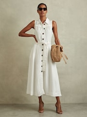Reiss White Heidi Petite Viscose-Linen Belted Midi Dress - Image 3 of 7