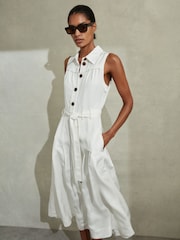 Reiss White Heidi Petite Viscose-Linen Belted Midi Dress - Image 4 of 7