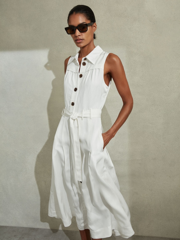Buy Reiss White Heidi Petite Viscose-Linen Belted Midi Dress from