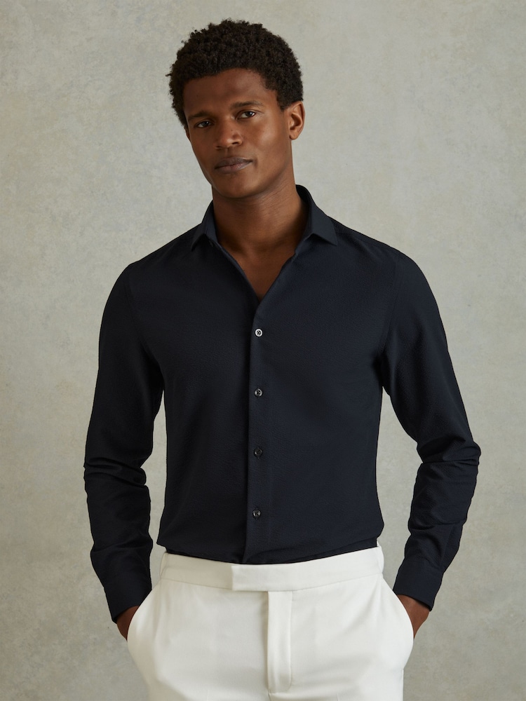Reiss Navy Spring Textured Cutaway Collar Shirt - Image 1 of 6