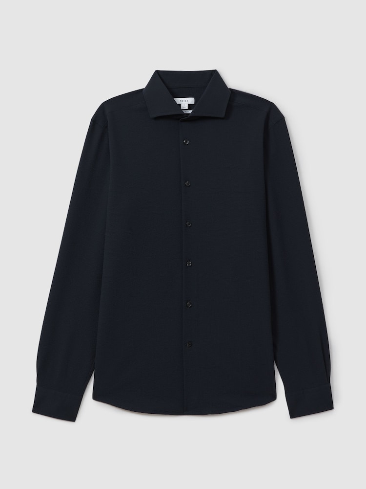 Reiss Navy Spring Textured Cutaway Collar Shirt - Image 2 of 6