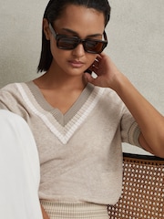 Reiss Neutral Sadie Cotton Blend Marled V-Neck Top - Image 1 of 5