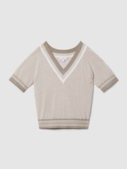 Reiss Neutral Sadie Cotton Blend Marled V-Neck Top - Image 2 of 5