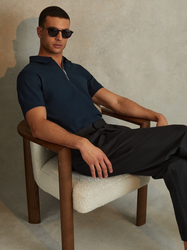 Reiss Navy Caymen Cotton Textured Half-Zip Polo Shirt - Image 1 of 6