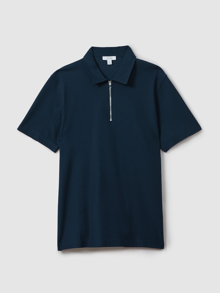 Reiss Navy Caymen Cotton Textured Half-Zip Polo Shirt - Image 2 of 6 Reiss Navy Caymen Cotton Textured Half-Zip Polo Shirt - Image 2 of 6