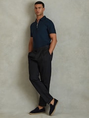 Reiss Navy Caymen Cotton Textured Half-Zip Polo Shirt - Image 3 of 6