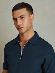 Reiss Navy Caymen Cotton Textured Half-Zip Polo Shirt - Image 4 of 6