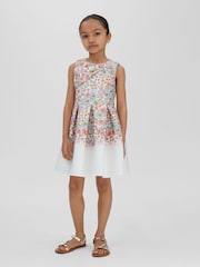 Reiss Pink Print Emmie 13-14 yrs Floral Scuba Bow Fit-and-Flare Dress - Image 1 of 5