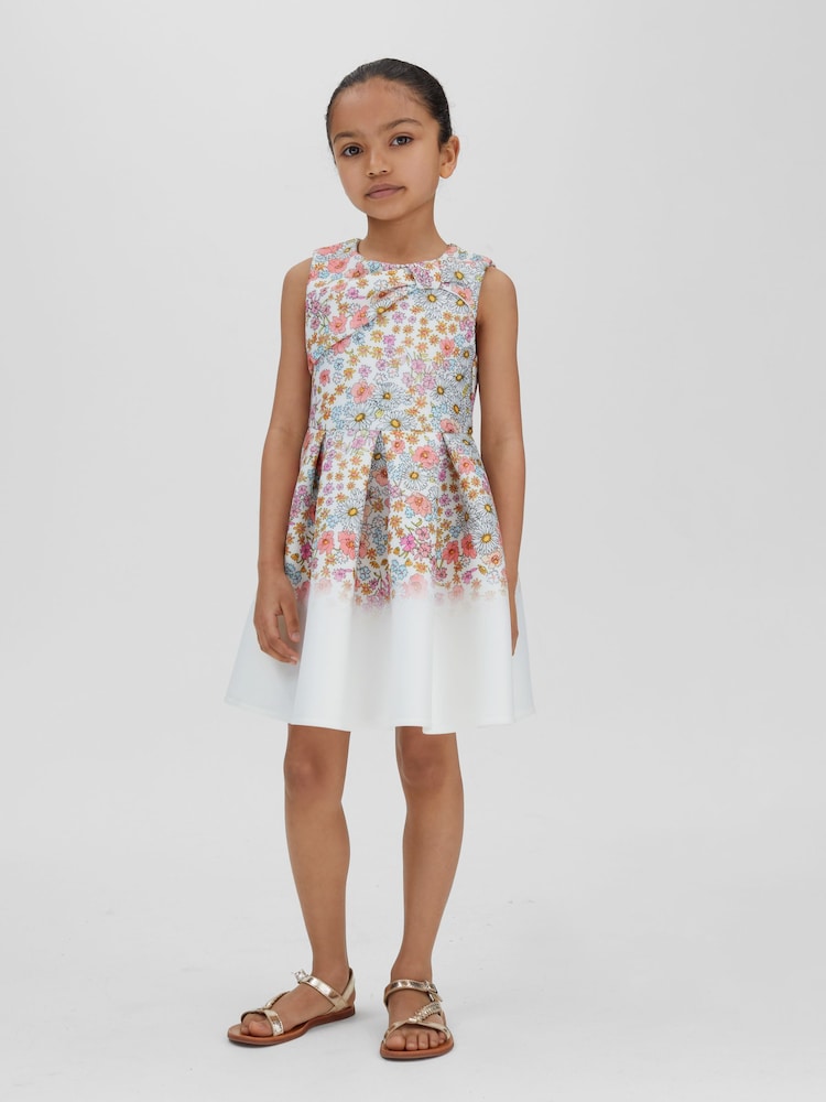 Reiss Pink Print Emmie 13-14 yrs Floral Scuba Bow Fit-and-Flare Dress - Image 1 of 5