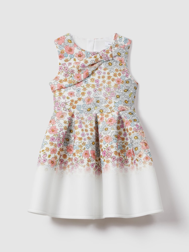Reiss Pink Print Emmie 13-14 yrs Floral Scuba Bow Fit-and-Flare Dress - Image 2 of 5