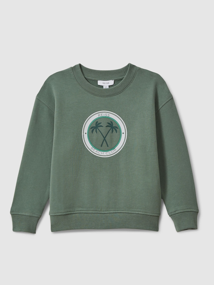 Reiss Dark Sage Marin 13-14 yrs Cotton Motif Crew Neck Sweatshirt - Image 1 of 3