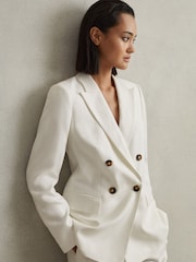 Reiss White Lori Petite Viscose-Linen Double Breasted Suit Blazer - Image 4 of 8
